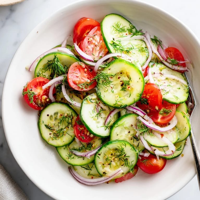 Refreshing marinated cucumbers, onions, and tomatoes tossed in zesty vinaigrette.  
