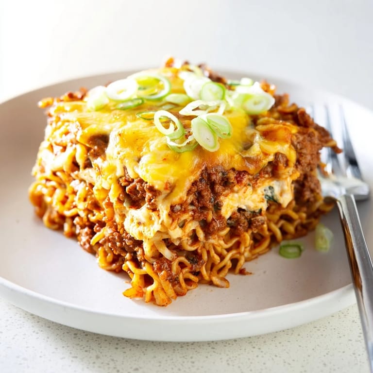 A mouthwatering Spicy Ramen Lasagna, featuring rich flavors and cheesy layers.  