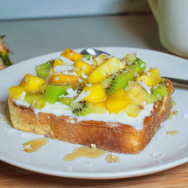 Delicious Yogurt-Custard Toast featuring coconut and exotic fruits, perfect for brunch delights.  