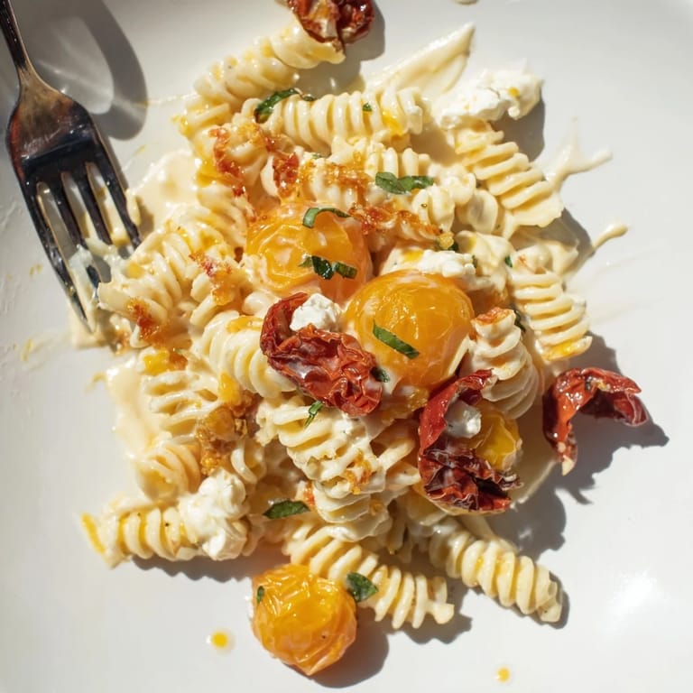 Delicious baked feta pasta with sun-dried tomatoes for a flavorful dinner.  