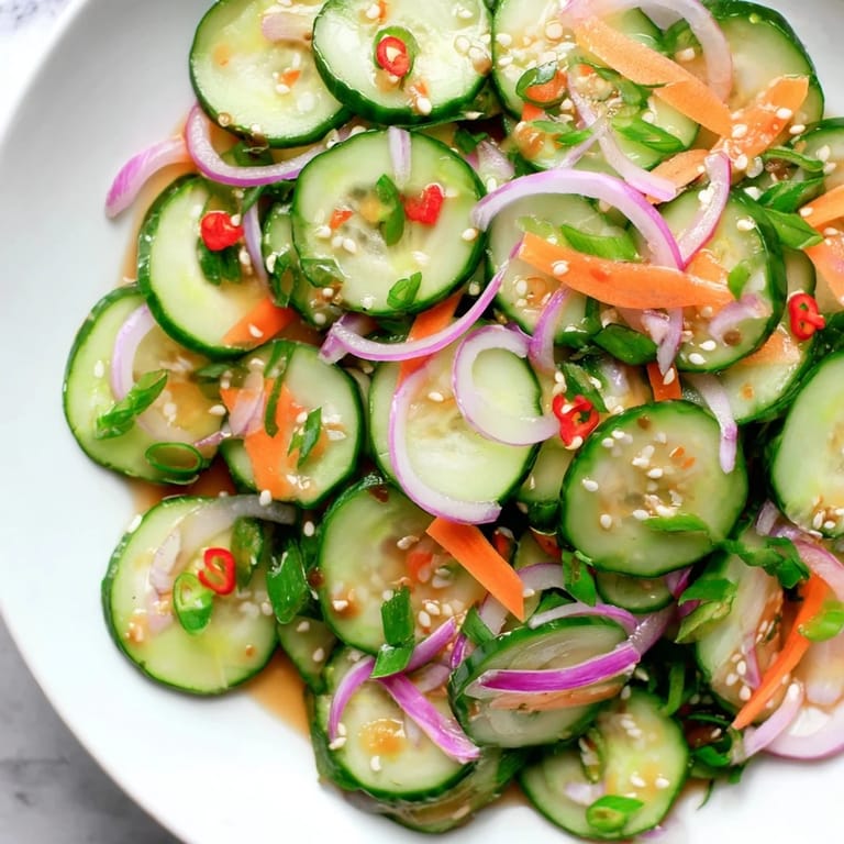 Light and tangy cucumber salad remix garnished with toasted sesame seeds.  