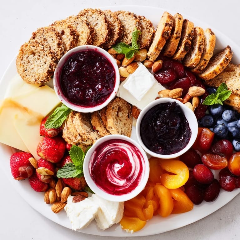 Delightful jam-infused brunch board showcasing artisan breads and vibrant fruit clusters.  