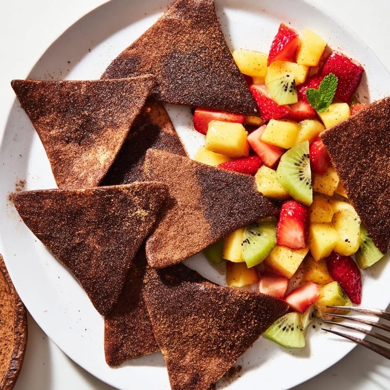 Homemade chocolate chips paired with refreshing fruit salsa, perfect for festive gatherings.