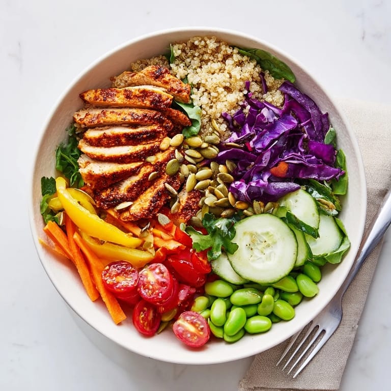 Colorful Healthy Meal-Prep Bowls brimming with quinoa, fresh veggies, and zesty dressing.  