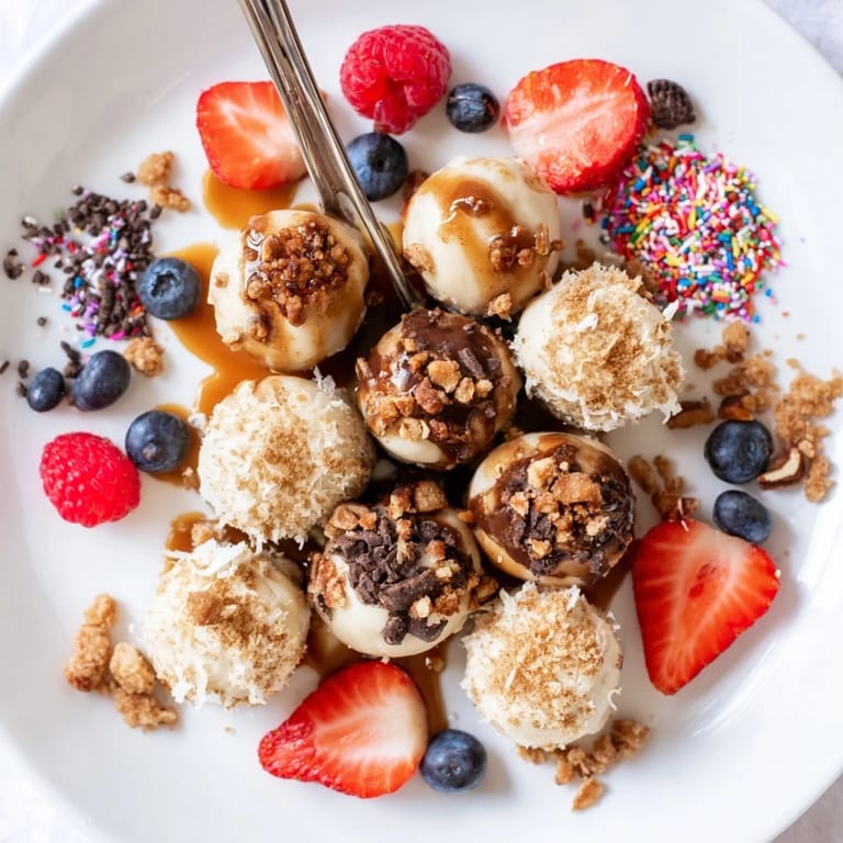 Delicious cheesecake bites adorned with strawberries, blueberries, and decadent chocolate drizzle.  