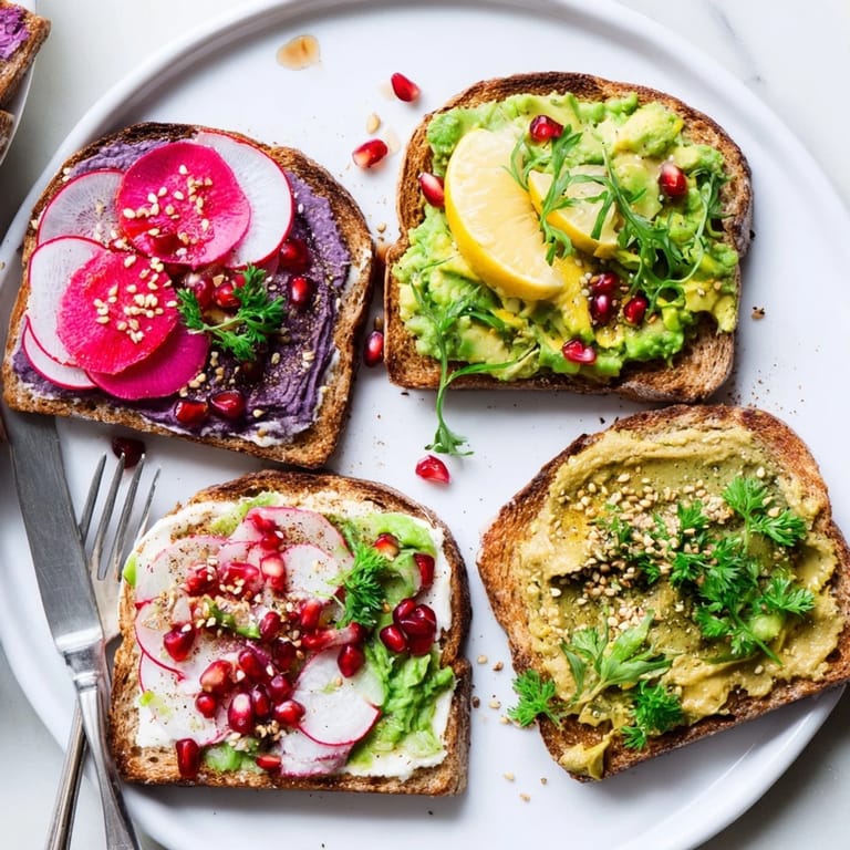 Sliced sourdough toasts layered with ube and avocado, garnished with pomegranate seeds.  