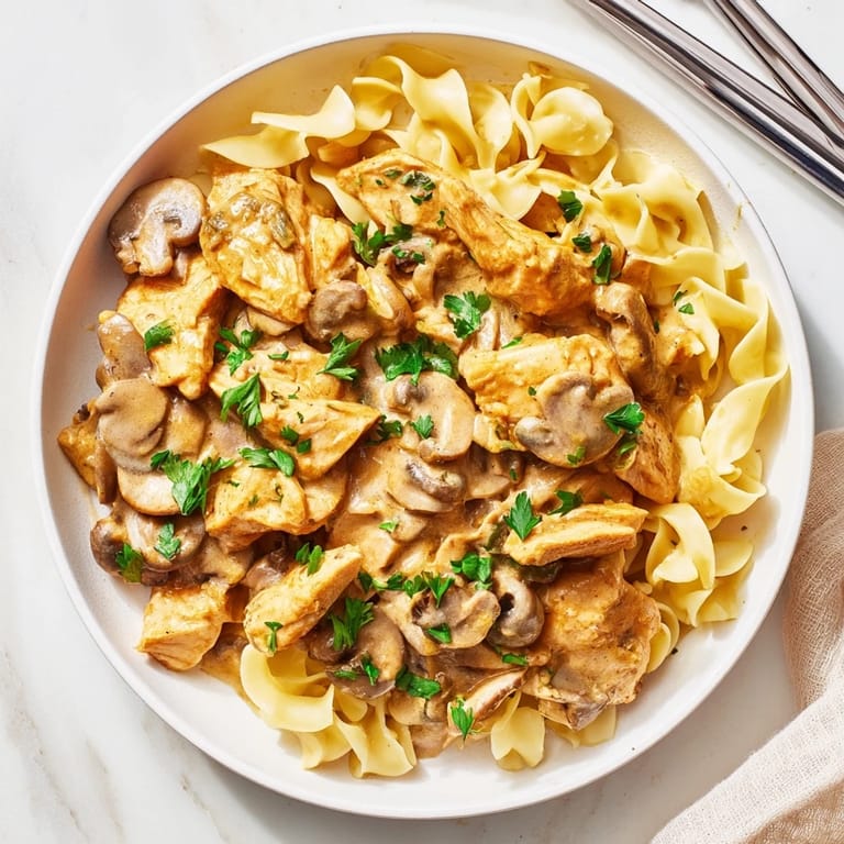 Homemade Creamy Chicken Stroganoff with tender chicken and savory garlic, perfect for dinner.  