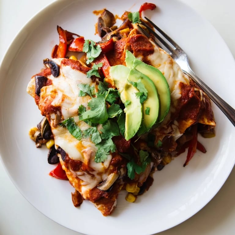 Delicious Farmers Market Vegetarian Enchiladas served with avocado slices and lime wedges.