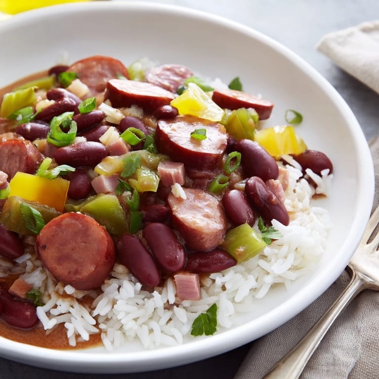 Aromatic Red Beans & Rice with smoky sausage over fluffy white rice.  