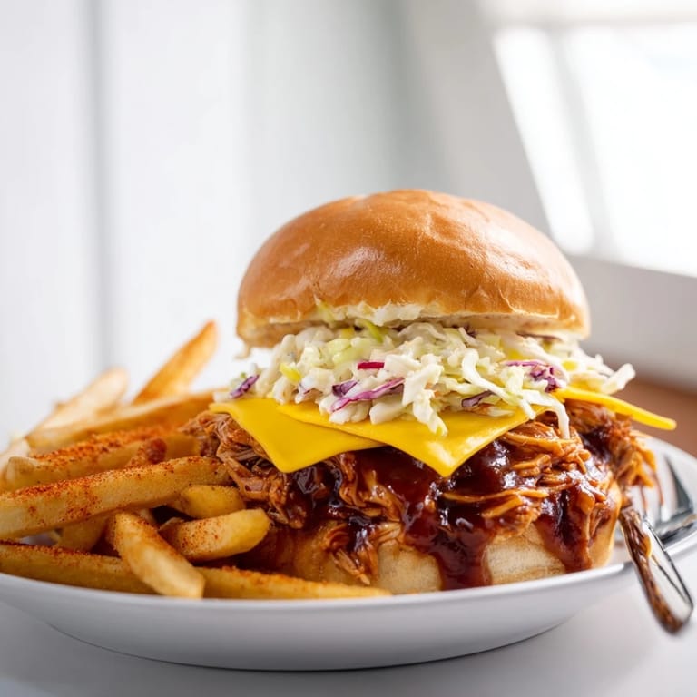 Savory BBQ Chicken Sliders nestled in soft buns, paired with crispy golden fries.  