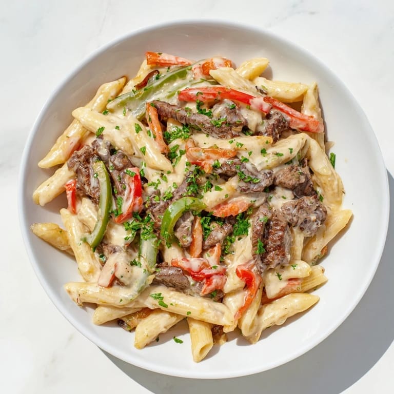 Creamy Philly Cheese Steak Pasta in a skillet with tender beef and veggies.  