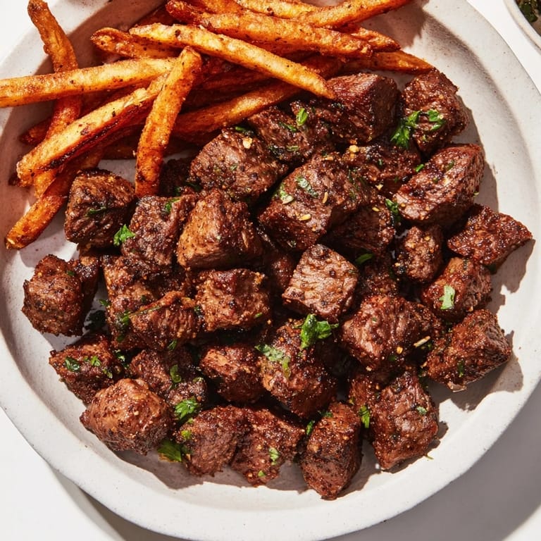 Close-up of golden, crispy fries with spicy Blackened Cajun Steak Bites for a fantastic meal.