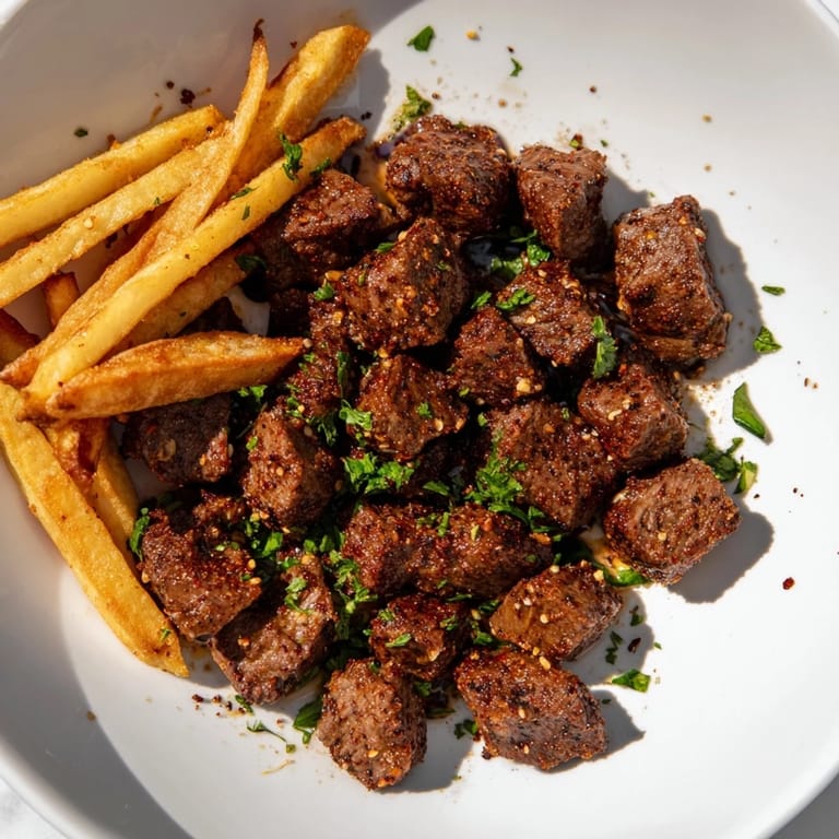 Plate of delicious Blackened Cajun Steak Bites, savory and tender, served alongside golden fries.