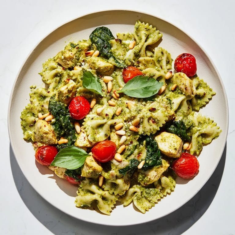 Golden chicken pieces and bowtie pasta in rich pesto - a weeknight pesto chicken pasta feast.