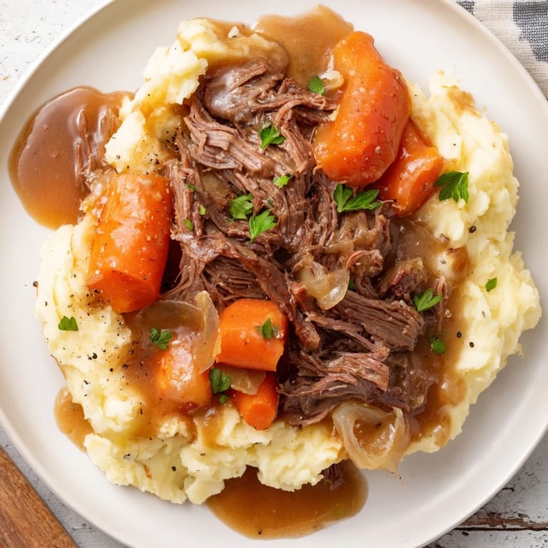 Fork-tender Slow Cooker Pot Roast served on a bed of fluffy, buttery mashed potatoes, a classic dinner.