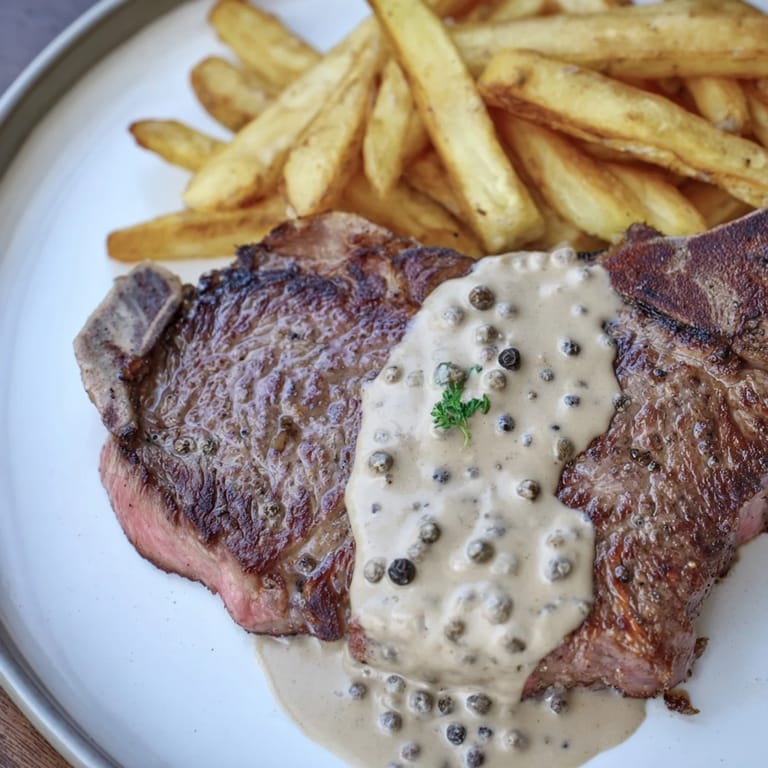 This image shows juicy, perfectly cooked classic peppercorn ribeye, ready to eat alongside fries.