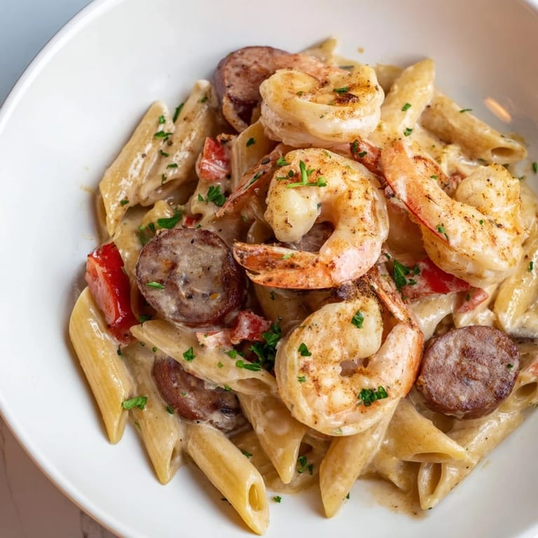 Creamy Cajun Sausage & Shrimp Alfredo Pasta, a one-pan wonder bursting with savory sausage and flavor.