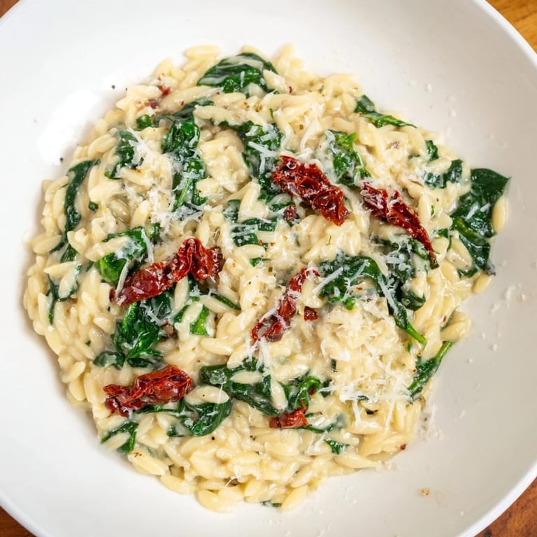 A warm, inviting shot of the Creamy Tuscan Orzo Bowl, rich and creamy, perfect for a cozy dinner.