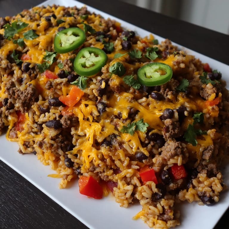 A close-up of a sizzling Tex-Mex Beef & Rice Casserole, showcasing the layered textures and savory aromas.