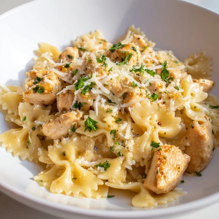 A close-up of buttery mozzarella garlic butter chicken bowties, revealing tender chicken and flavorful pasta.