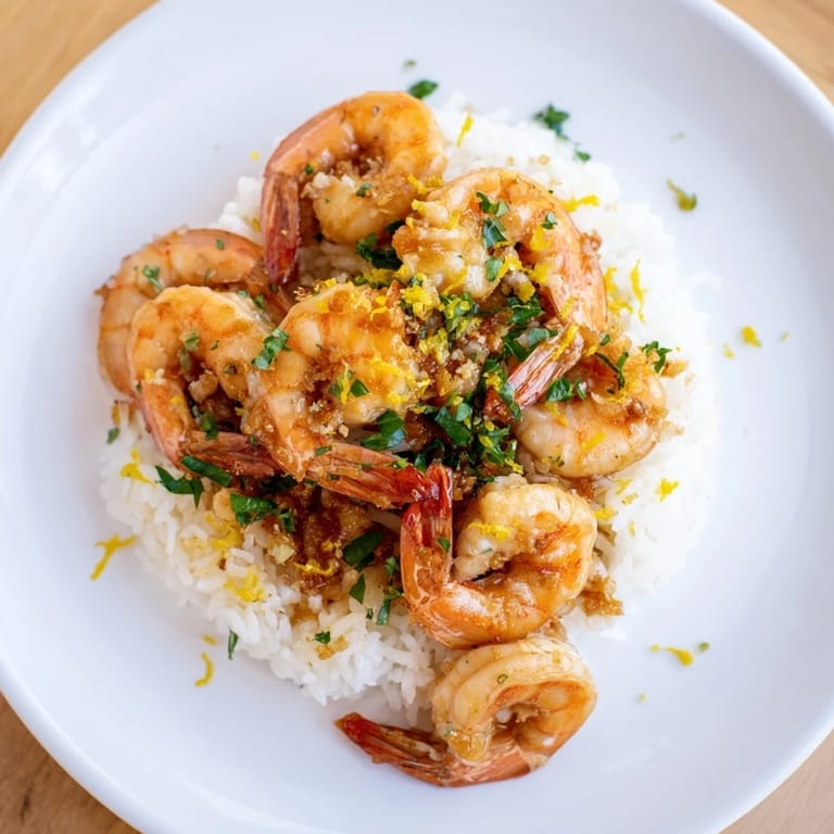 Flavors of a Garlic Butter Shrimp Rice Bowl: A close-up shows the shrimp, infused with savory garlic butter.