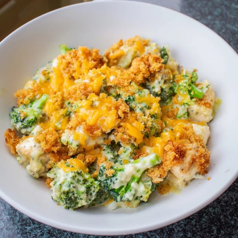 Close-up of creamy Cheddar Broccoli Chicken Bake, showcasing tender chicken and vibrant broccoli florets.