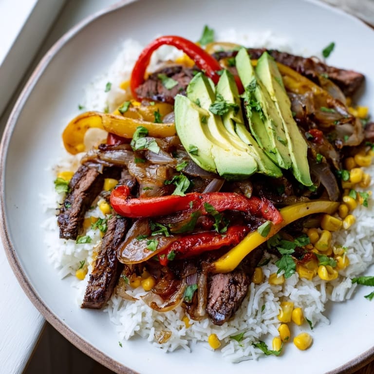 A delicious, filling BBQ Steak Fajita Bowl featuring grilled steak, vibrant vegetables, and fluffy rice for a satisfying meal.