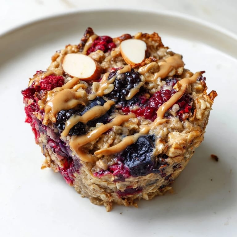 Close-up of baked oatmeal cups featuring juicy berries and a drizzle of almond butter, perfect for a grab-and-go snack.