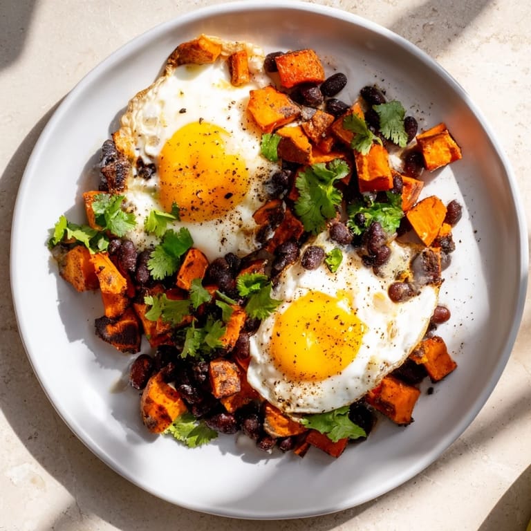 Skillet of hearty Sweet Potato & Black Bean Breakfast Hash, with visible peppers and beans, steaming fresh.