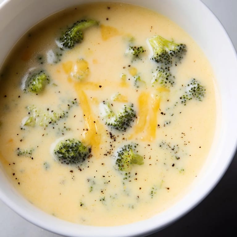 Thick and velvety Broccoli Cheese Soup, ready to be enjoyed with a fresh slice of crusty bread.