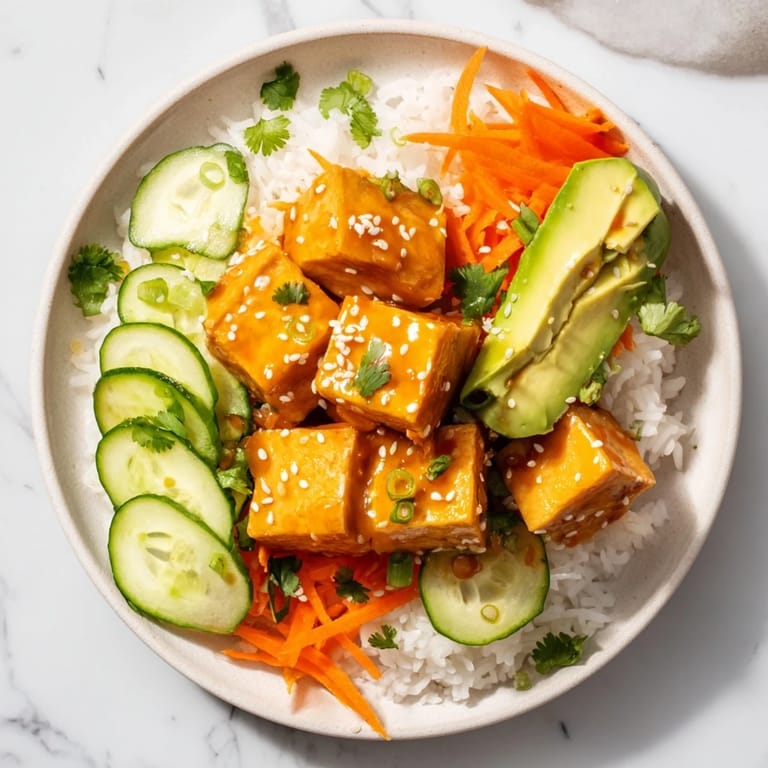 Flavorful Chili-Mayo Baked Tofu Bowls served over fluffy rice, topped with fresh, colorful vegetables.