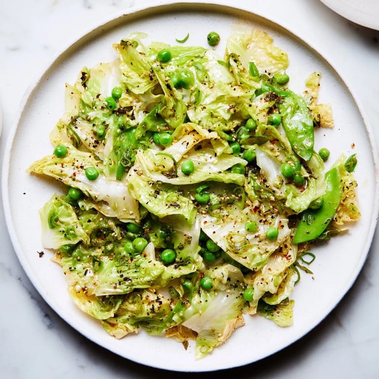 Vibrant Cabbage Stir-Fry with tender green peas and aromatics, perfect for a quick dinner side.