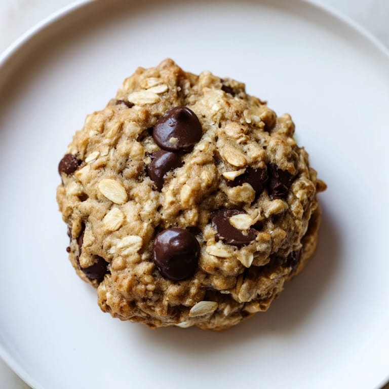 A stack of delicious Oat-Banana Chocolate Chip Cookies, studded with melting chocolate chips, ready to eat.