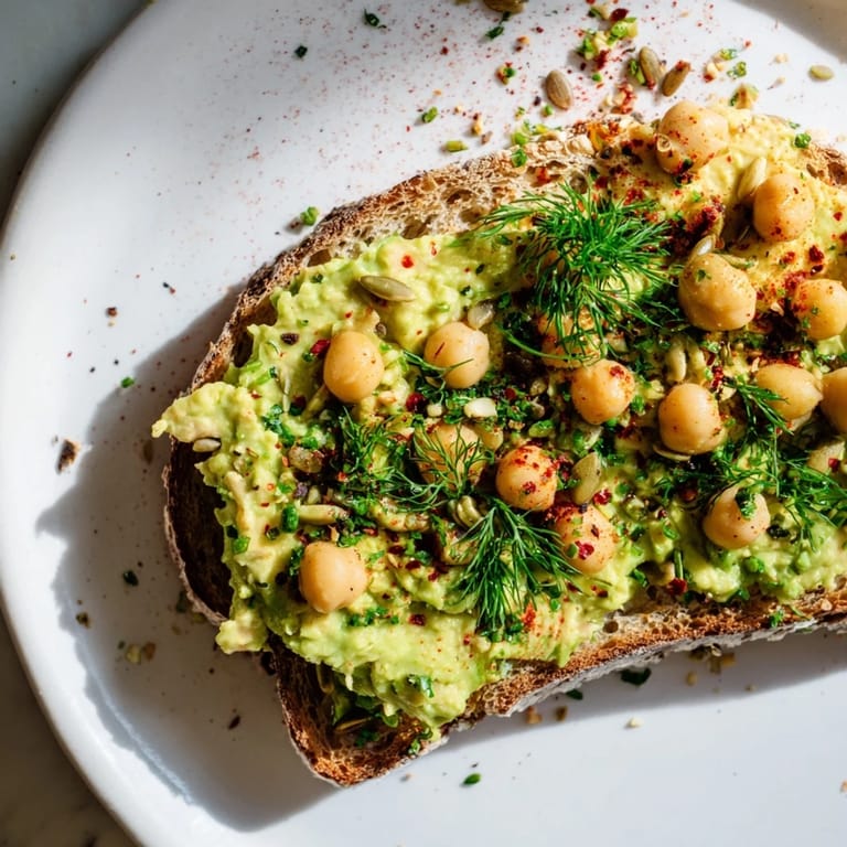 Close-up of toasted avocado toast with chickpeas; a colorful, vegan dish with fresh herbs.