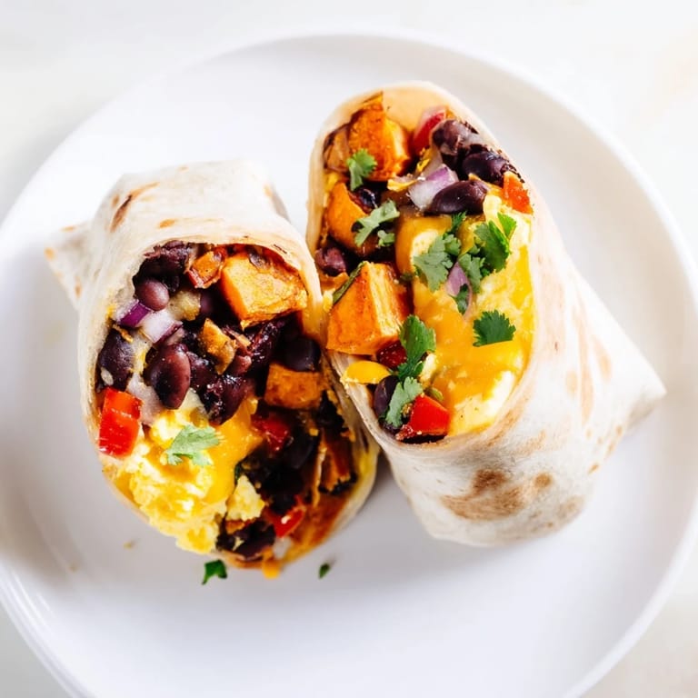 A close-up shot of a savory sweet potato and black bean breakfast burrito with fresh cilantro and salsa.