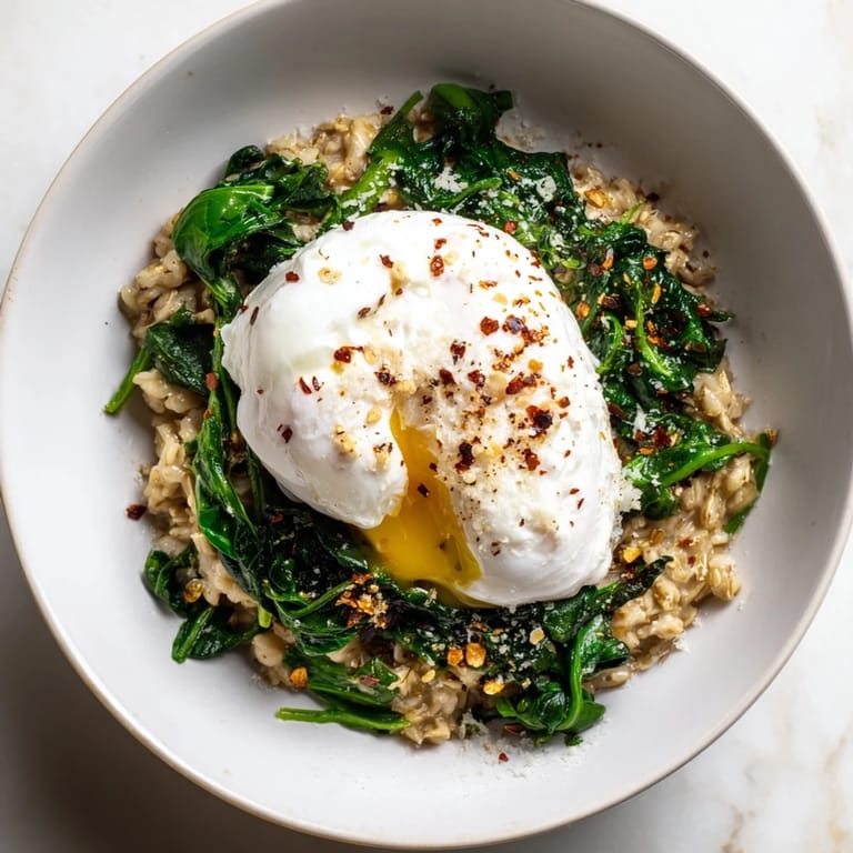 Creamy savoury oatmeal topped with a perfect poached egg, ready to be enjoyed as a warming vegetarian meal.