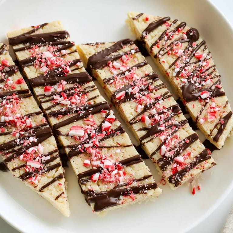 Freshly baked chocolate peppermint shortbread wedges with a peppermint candy sprinkle, ready to enjoy with coffee.