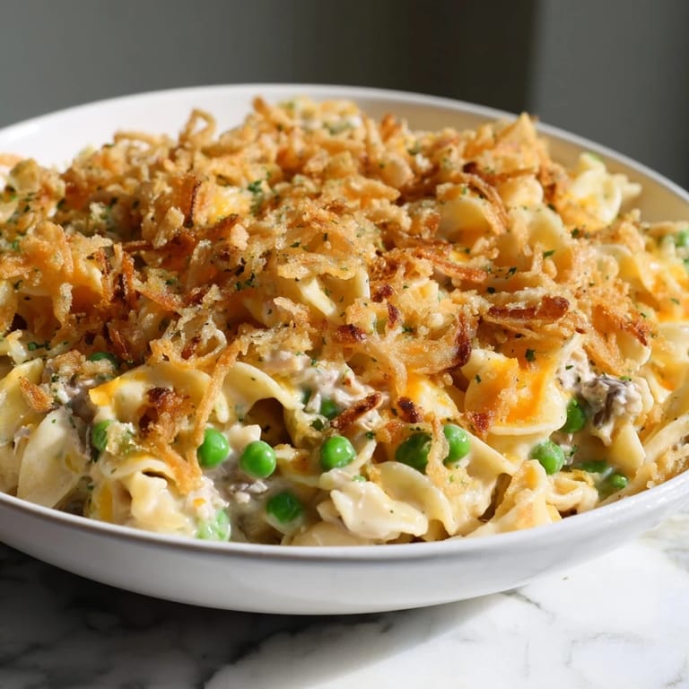 Warm creamy tuna noodle casserole: a close-up shows tender noodles and rich, savory flavors.