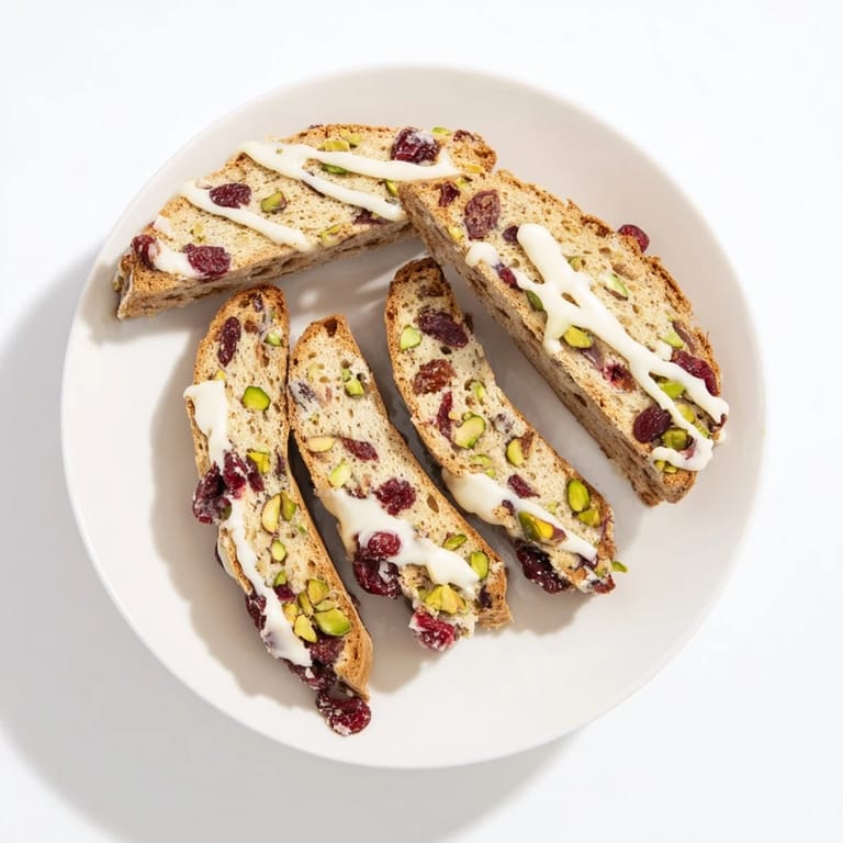 Festive landscape of white chocolate cranberry pistachio biscotti, adorned with toasted pistachios and drizzled chocolate.