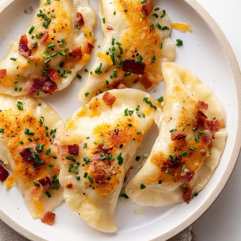A close-up of savory Loaded Baked Potato Soup Dumplings, garnished with fresh chives and cheese.