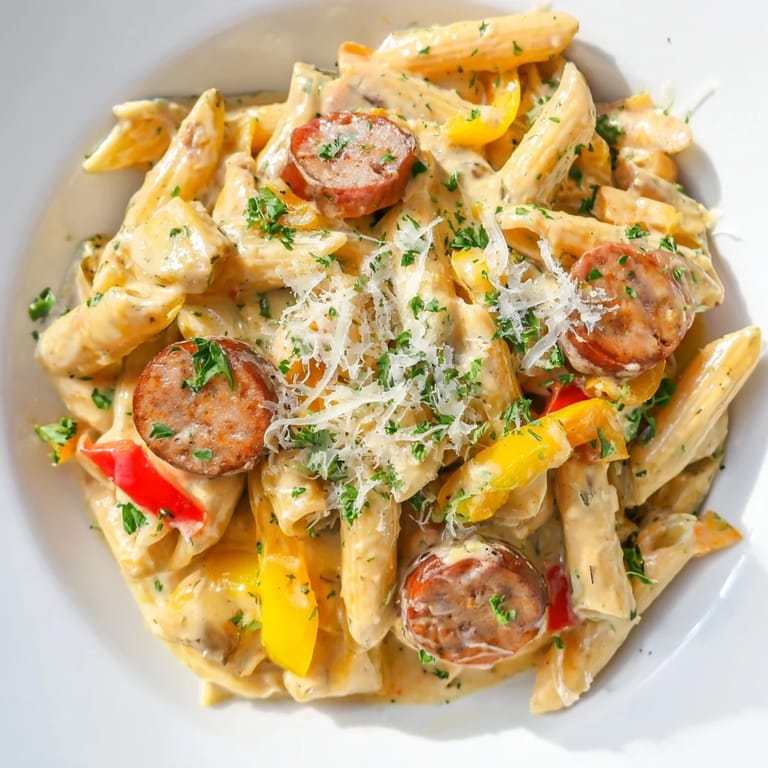 Imagine the rich, spicy aroma of this Cajun Spiced Smoked Sausage Alfredo, a satisfying dinner.