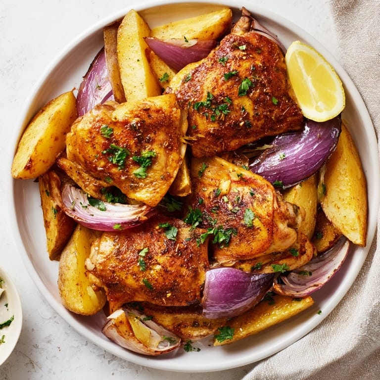 A close-up of sheet-pan Greek Lemon Chicken and Potatoes with tender chicken and potatoes bubbling.