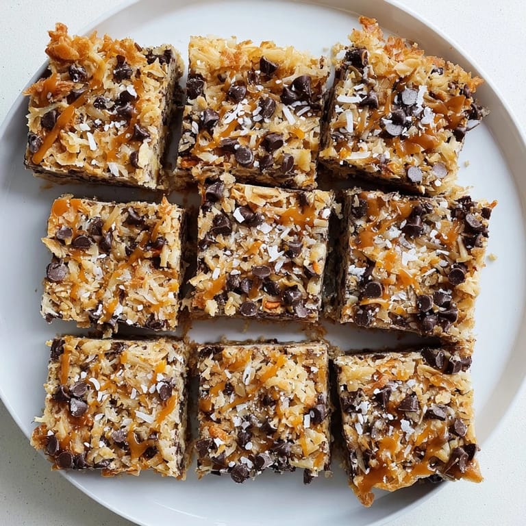 Close-up of freshly baked 7-Layer Magic Bars, boasting a perfect caramel drizzle and salt.