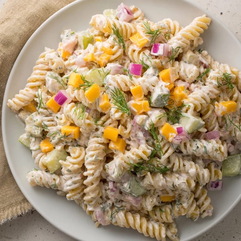 This Dill Pickle Pasta Salad features a mix of cheddar, vegetables, and creamy dressing, so refreshing.