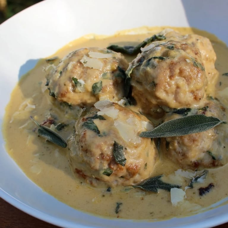 A close-up of tender, golden easy turkey meatballs swimming in pumpkin sage sauce.