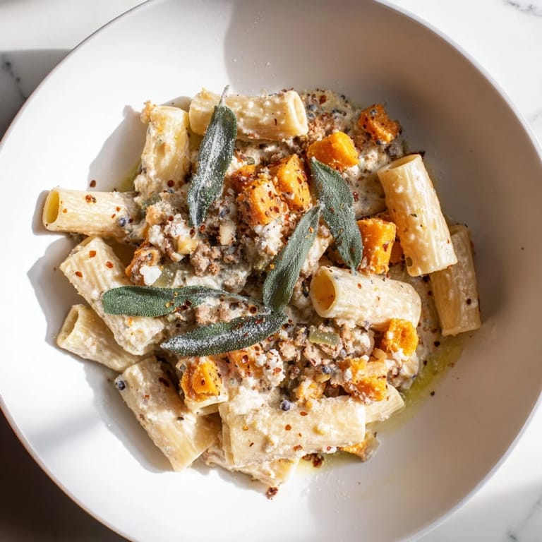 Creamy Viral Sweet Potato Goat Cheese Sage pasta, garnished with crispy sage, ready to serve.