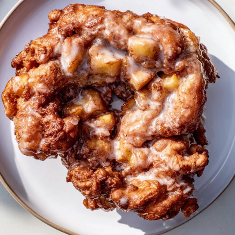 Freshly fried apple fritters, showing the soft apple chunks, ready to be glazed for a sweet treat.