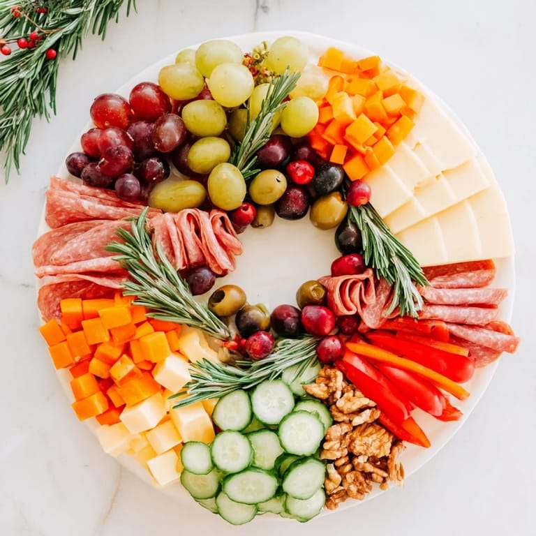 Beautifully arranged Simplified Grazing Board Wreath with a diverse assortment of festive appetizers.