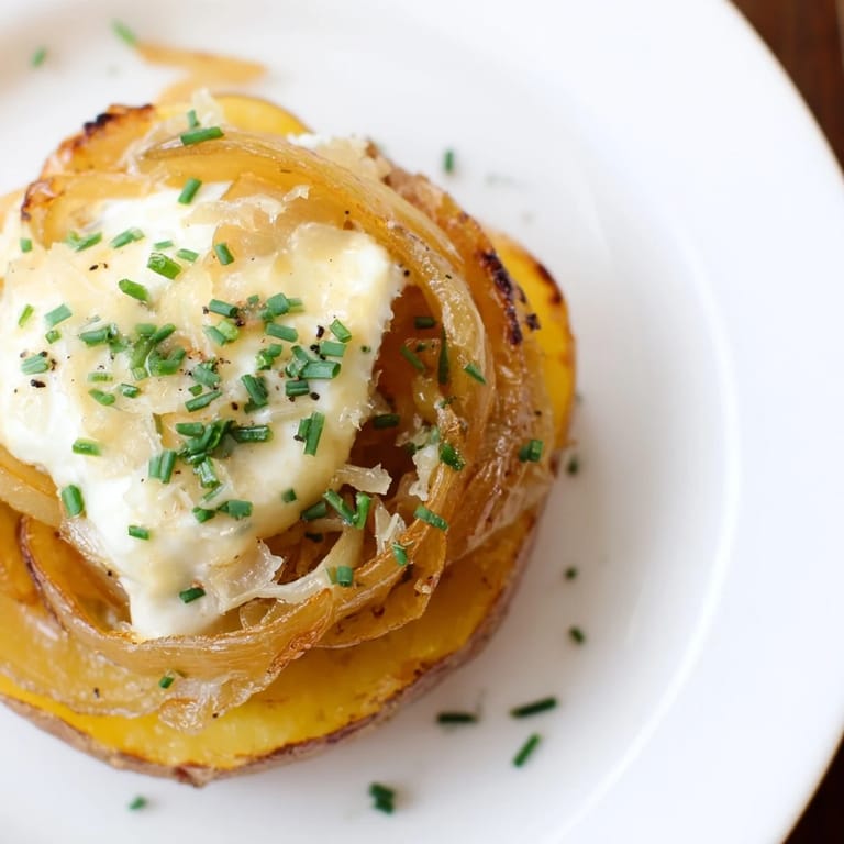 Savory Lightened French Onion Potato Bites appetizer, with a creamy cheese topping and vibrant chives garnish.