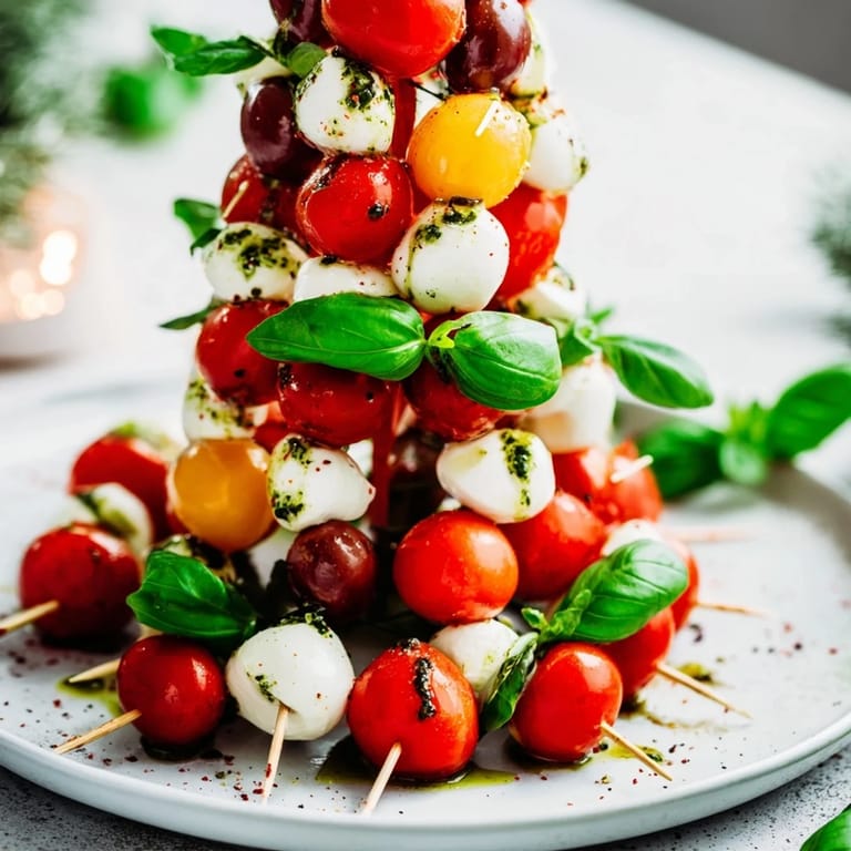 Fresh basil and mozzarella on Easy Christmas Tree Caprese Skewers, a quick and delicious Italian appetizer.